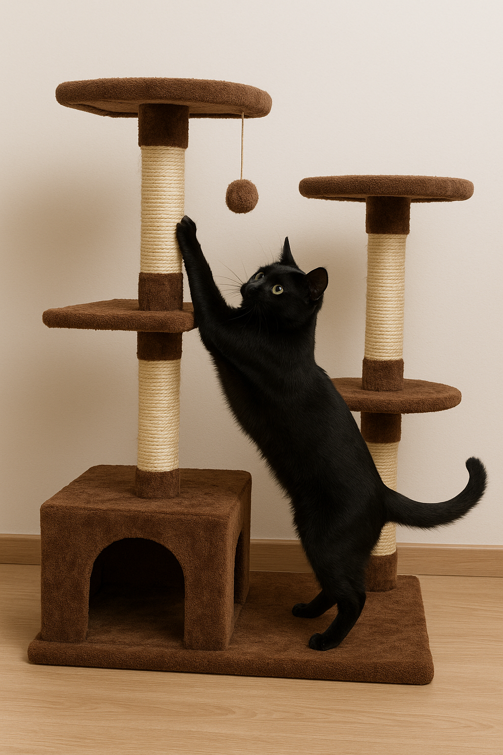 Gato negro estirándose y jugando en un gimnasio para gatos con plataformas y rascadores, ideal para ejercicio y entretenimiento felino