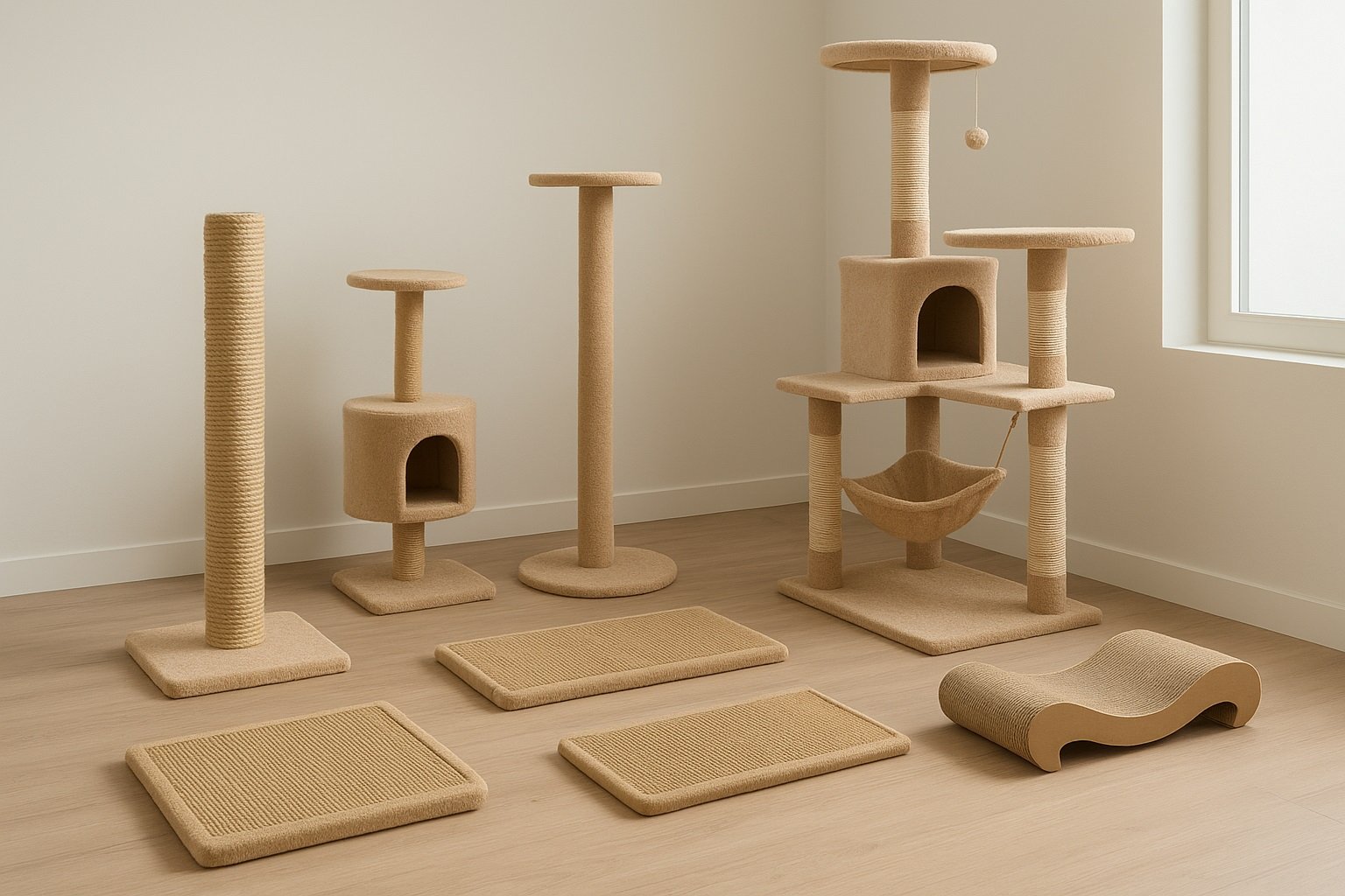 Varios tipos de rascadores para gatos expuestos en una sala: rascadores de sisal horizontales y verticales, postes y árboles rascadores con plataformas.