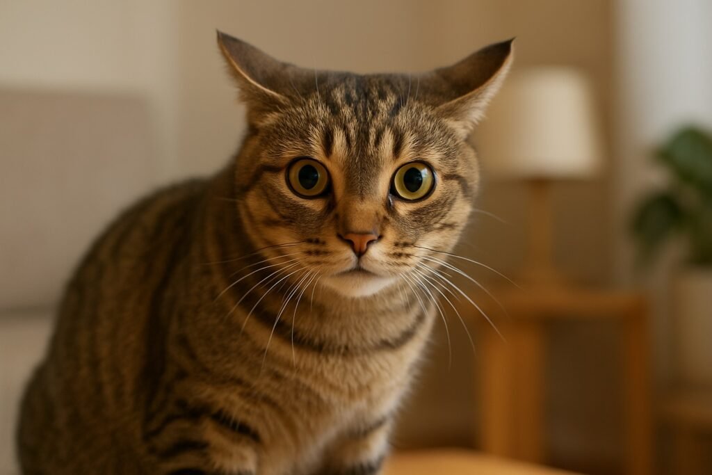 Gato con orejas hacia atrás y pupilas dilatadas mostrando signos de estrés leve en un entorno hogareño, imagen educativa para el blog de gatos y reseñas.