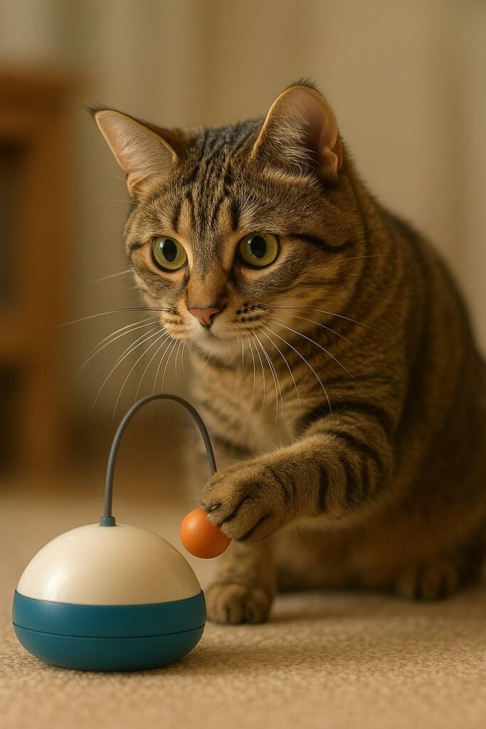 Gato doméstico jugando con un juguete interactivo, mostrando atención y curiosidad, fondo difuminado, imagen perfecta para el blog de gatos y reseñas.