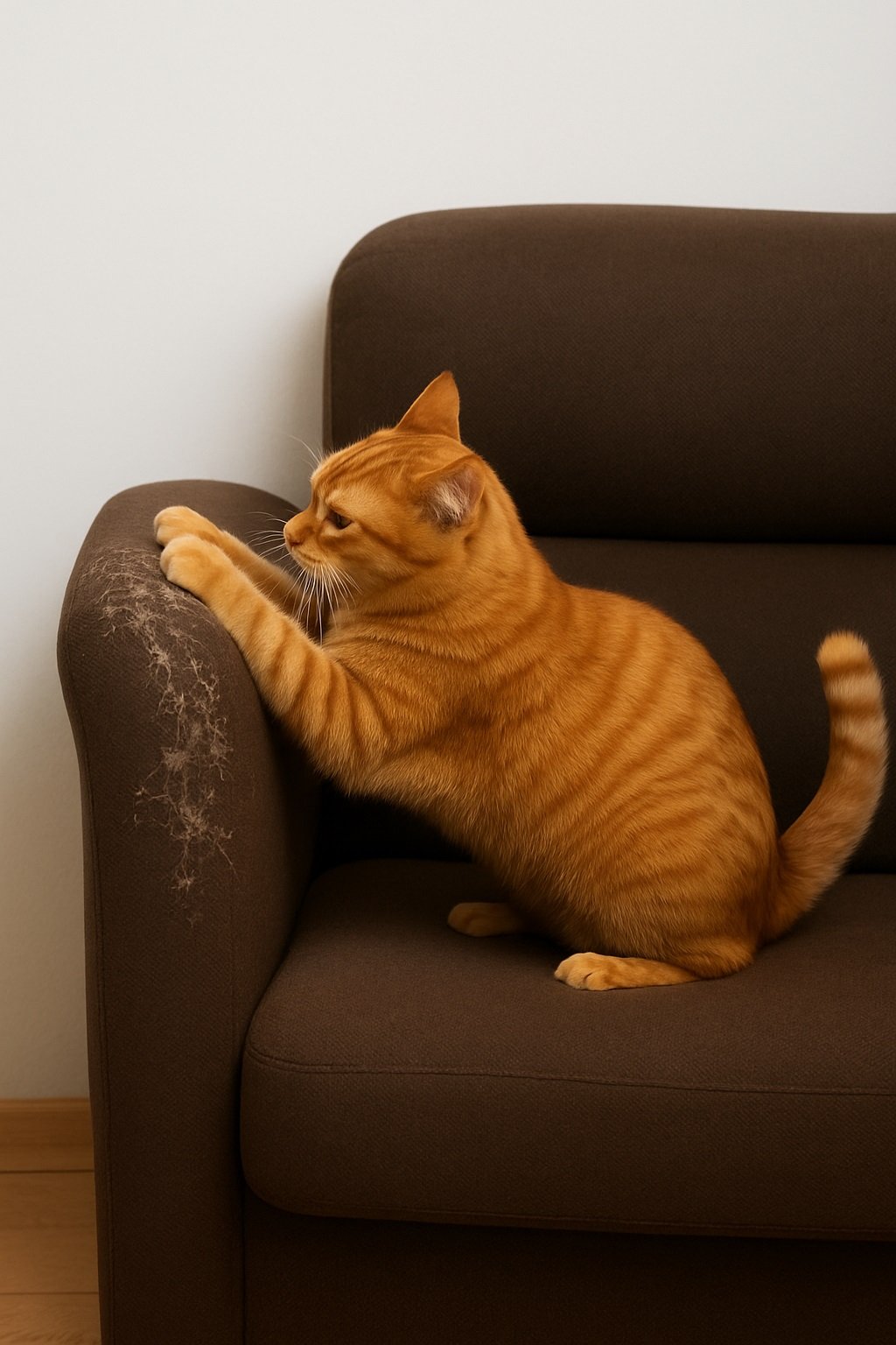 Gato naranja arañando el brazo de un sillón marrón, mostrando por qué los gatos arañan las cosas del hogar.