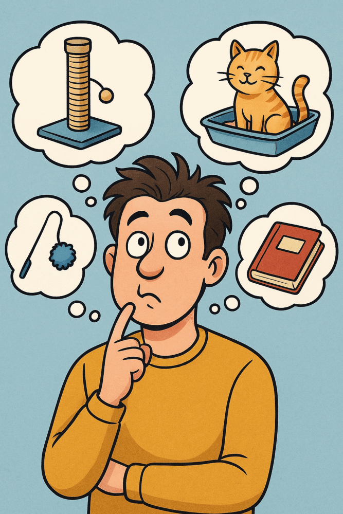Hombre pensando en cursos online para gatos y productos relacionados, como rascadores, juguetes y libros, estilo ilustración educativa y amigable