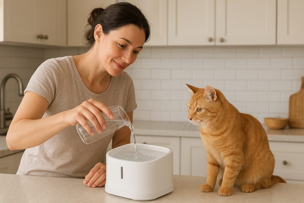 Mujer vertiendo agua fresca en un bebedero mientras un gato observa atentamente, demostrando la importancia del agua para prevenir cálculos renales en gatos.