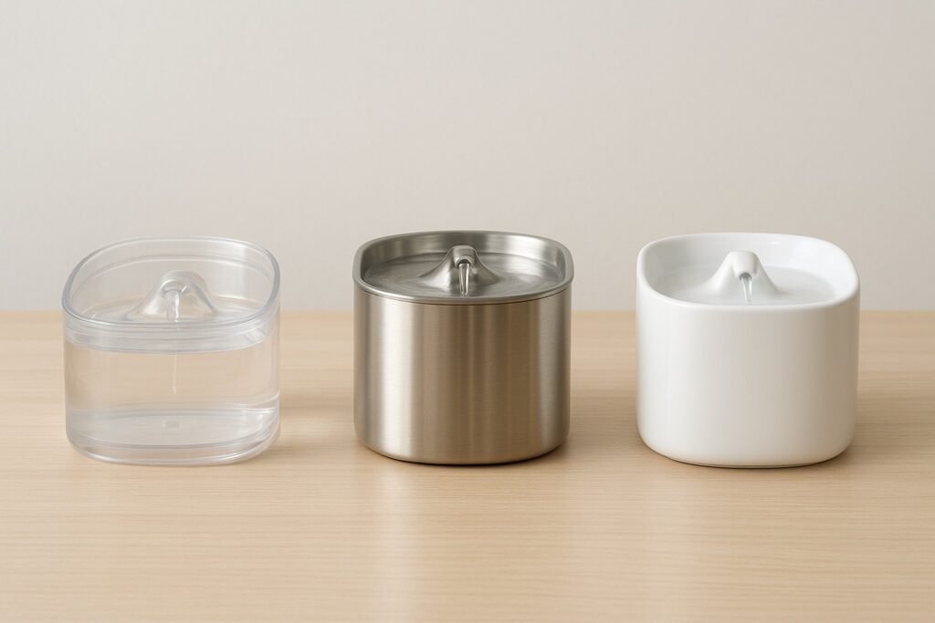 Comparativa de tres fuentes de agua para gatos sobre una mesa: uno de plástico, otro de acero inoxidable y otro de cerámica, mostrando claramente las diferencias de materiales y estilos