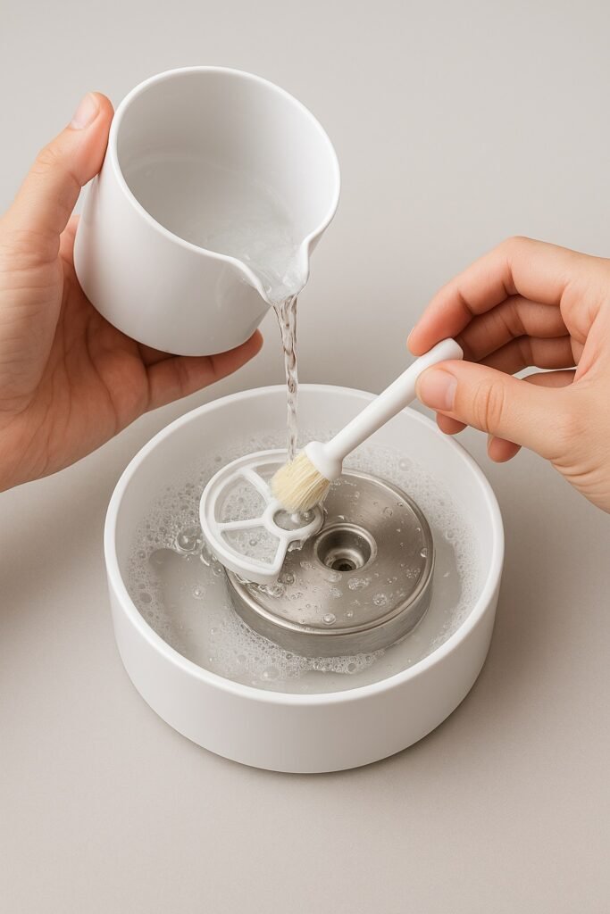 Manos humanas desmontando y lavando una fuente de agua para gatos con cepillo pequeño y agua.