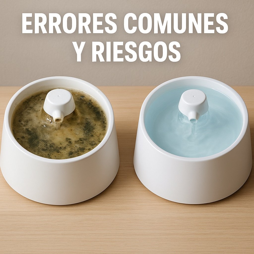 Contraste de una fuente de agua para gatos con agua con moho y con agua limpia al lado.