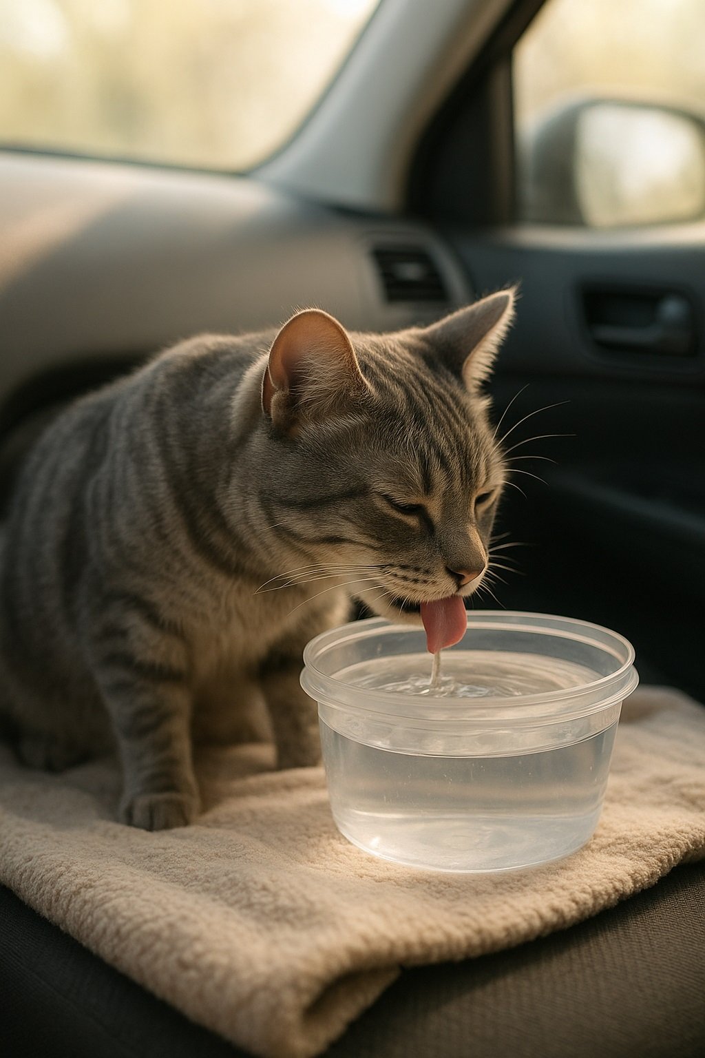 Gato gris atigrado bebiendo agua de un recipiente dentro de un auto, sobre una manta suave, enfatizando la hidratación de tu gato en viajes y mudanzas.
