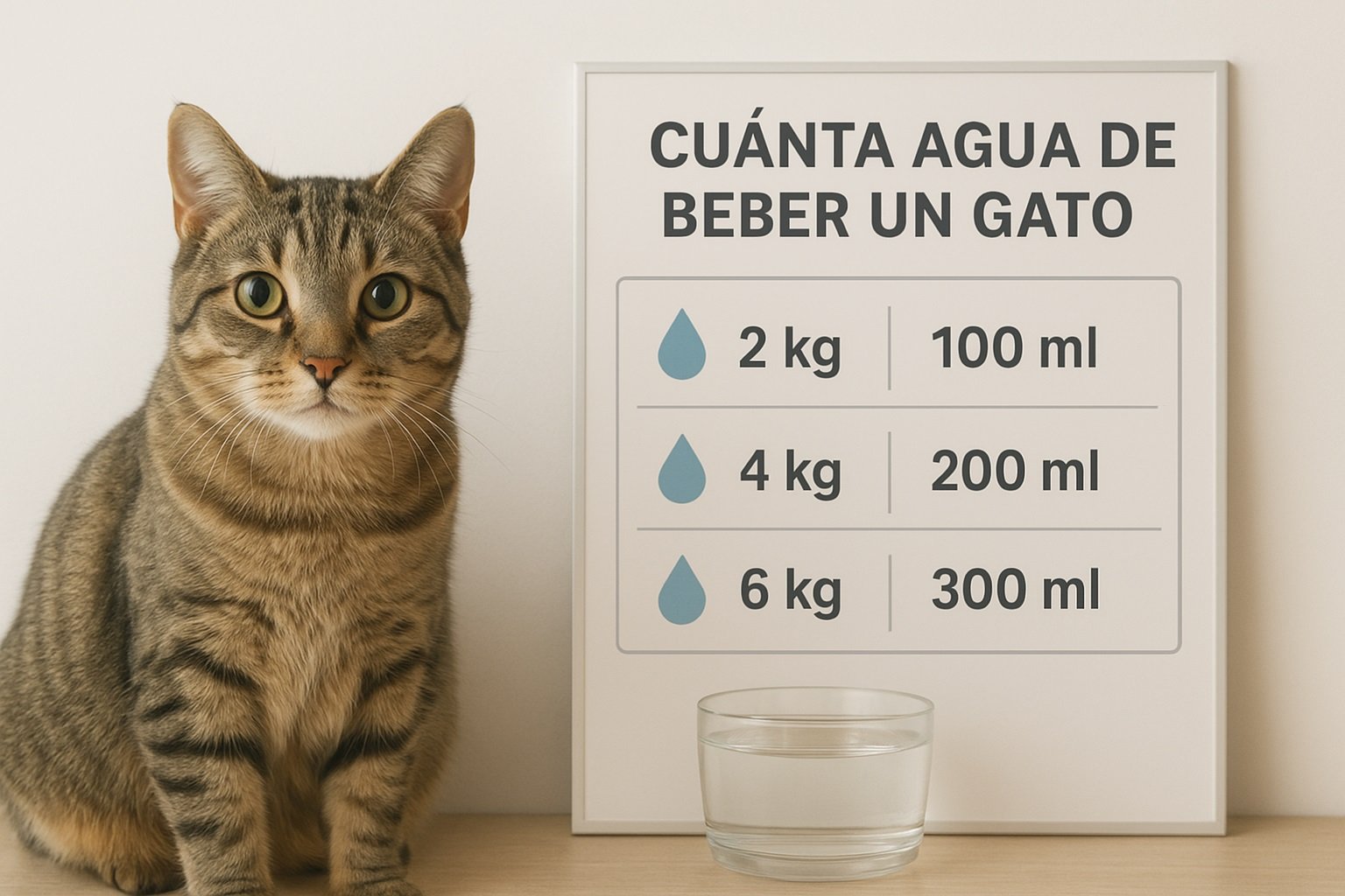Gato doméstico junto a una guía visual que muestra cuánta agua debe beber un gato según su peso corporal para mantenerse hidratado y saludable.