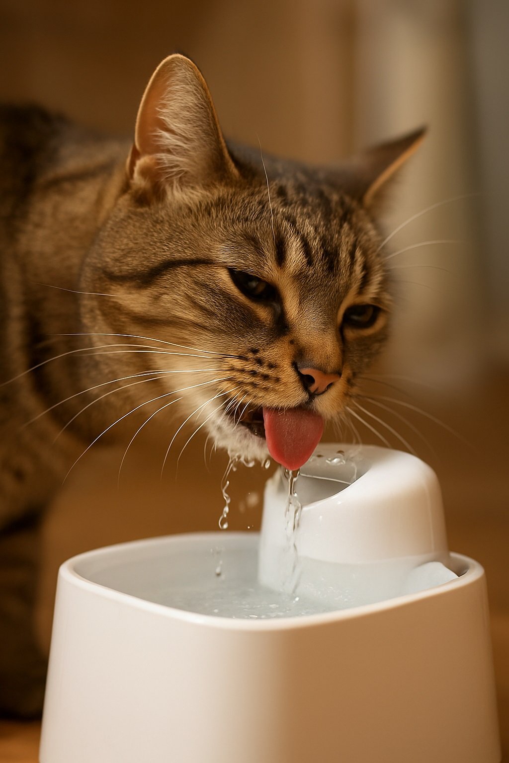 Gato bebiendo de una fuente moderna mostrando claramente que mi gato bebe agua en exceso, con lengua extendida y bigotes mojados.