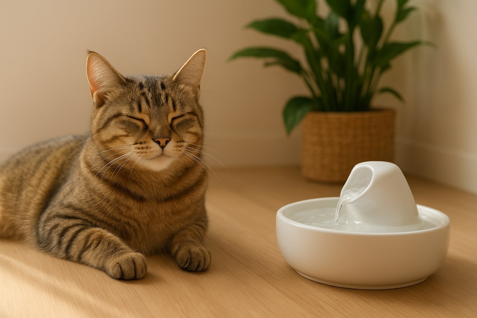 Gato relajado frente a una fuente de agua limpia para prevenir cálculos renales en gatos.