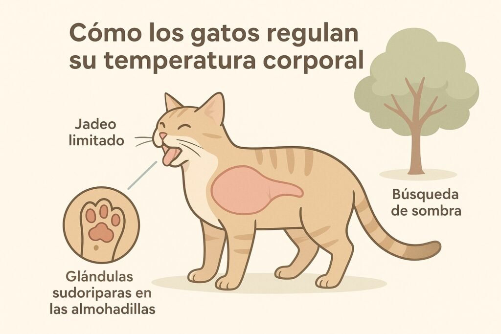 Ilustración educativa de un gato mostrando cómo regula su temperatura corporal, con jadeo limitado, glándulas sudoríparas en las almohadillas y búsqueda de sombra, reforzando la importancia de la hidratación en gatos durante el verano.