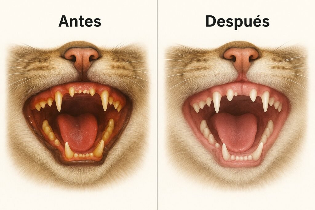 Comparación de encías felinas antes y después de aplicar un cepillado regular, mostrando cómo cepillar los dientes de un gato correctamente.