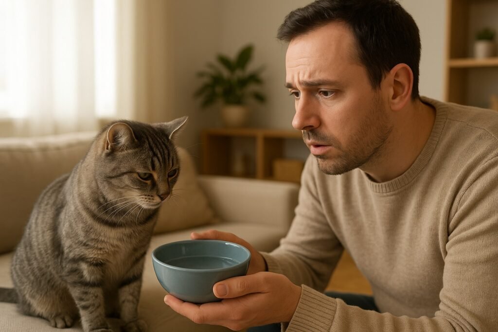 Gato doméstico de pelo corto con expresión cansada junto a su tutor, que le ofrece un cuenco de agua fresca en casa, ilustrando cómo hidratar a un gato que no quiere tomar agua.