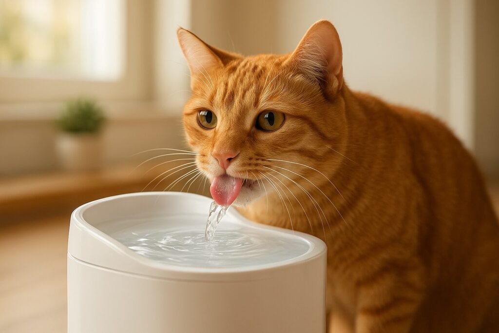 Fotografía realista de un gato doméstico feliz y bien hidratado, bebiendo agua fresca de una fuente automática moderna, ideal para aprender cómo hidratar a un gato que no quiere tomar agua.