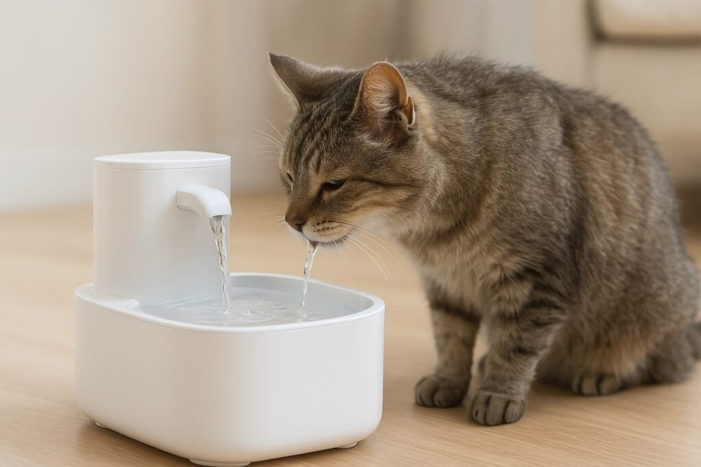 Gato anciano usando un bebedero automático para mejorar su hidratación, ilustrando cuánta agua debe beber un gato según su edad y necesidades.