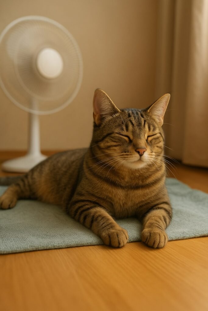 Gato doméstico descansando sobre una alfombra con un ventilador de fondo, mostrando un ambiente fresco y relajado, ideal para reforzar la importancia de la hidratación en gatos durante el verano.