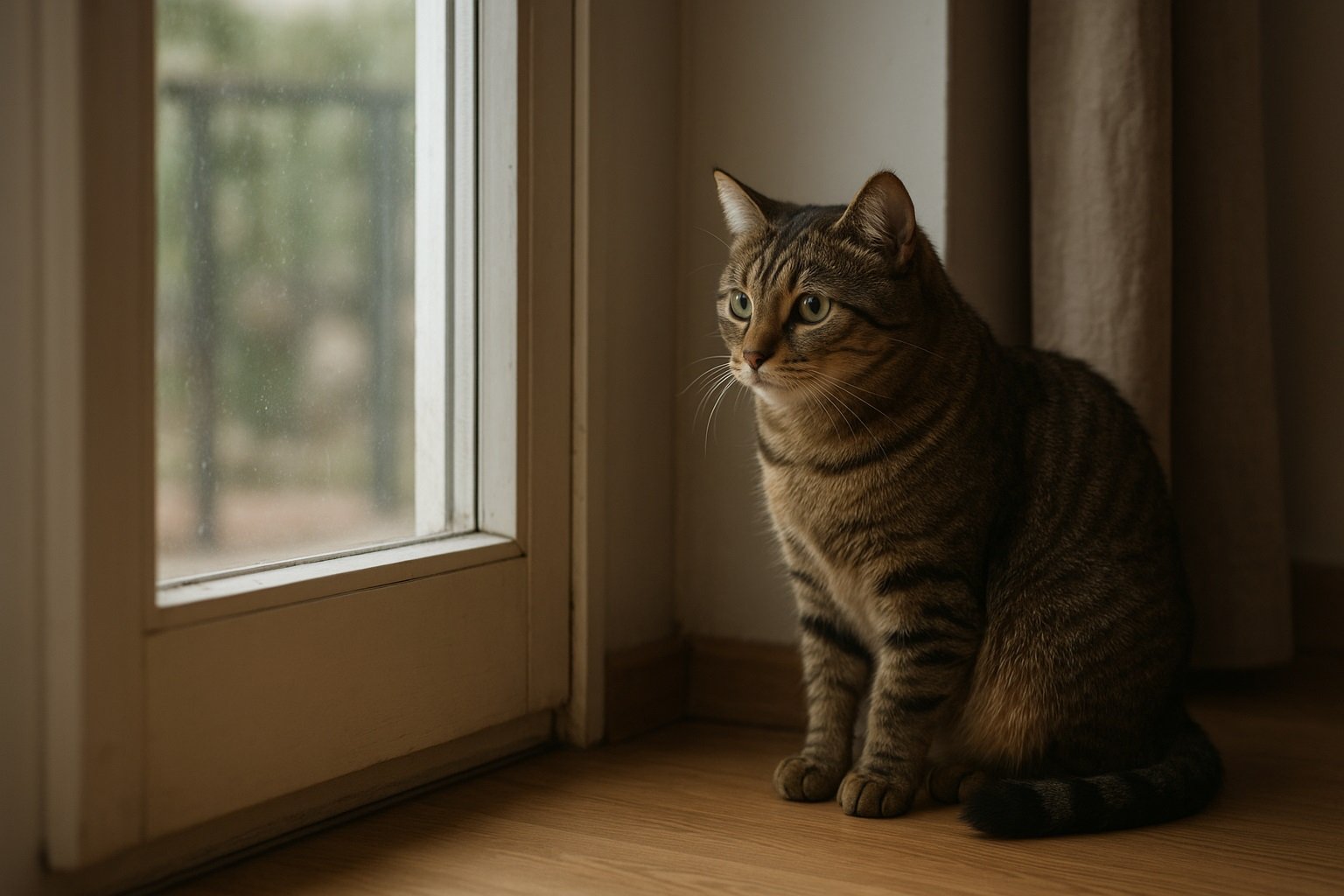 Gato sentado mirando por la ventana, mostrando conductas relacionadas con el estrés por separación en gatos.
