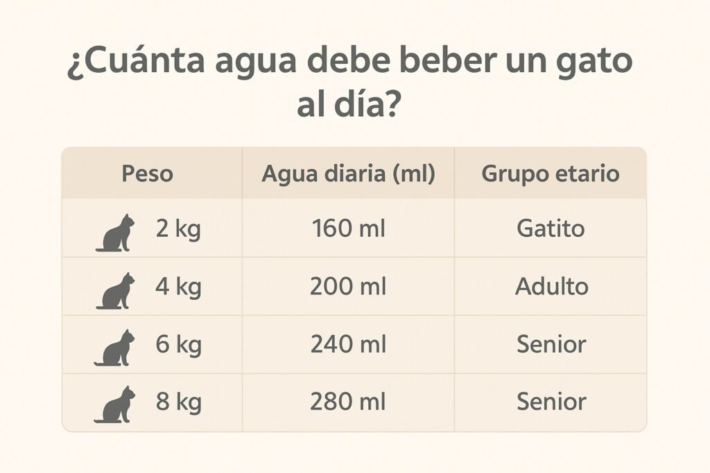 Tabla visual que muestra cuánta agua debe beber un gato según su peso y necesidades diarias de hidratación.