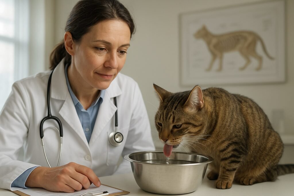 Gato saludable bebiendo agua bajo la supervisión de un veterinario, promoviendo la hidratación y agua para prevenir cálculos renales en los gatos.