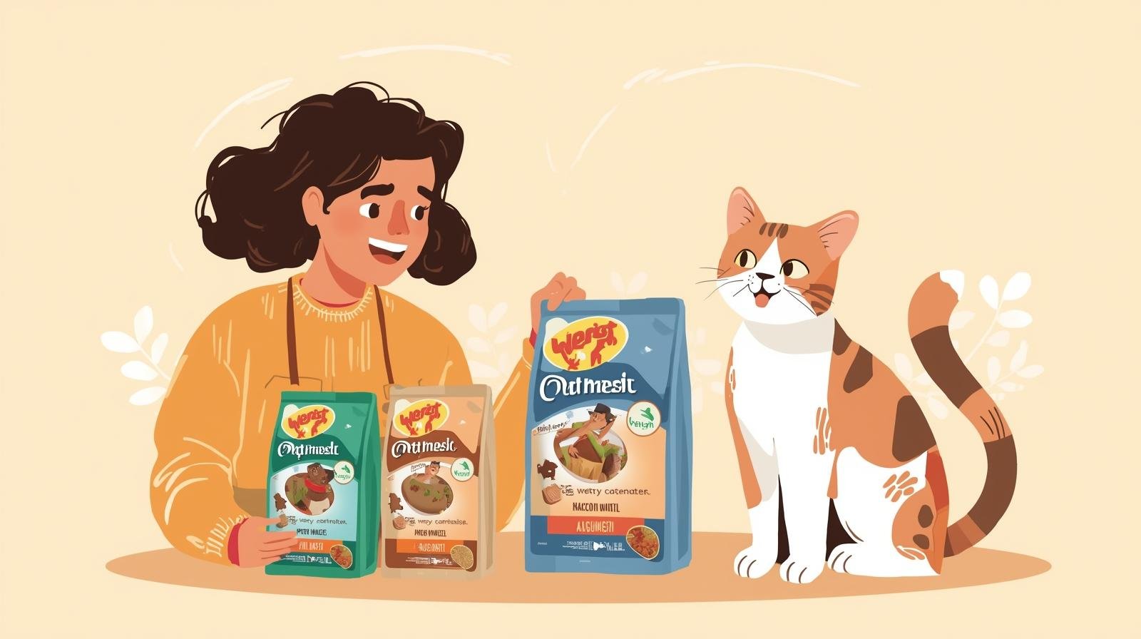 Ilustración de una mujer mostrando bolsas de alimento seco y húmedo para gatos junto a un gato doméstico