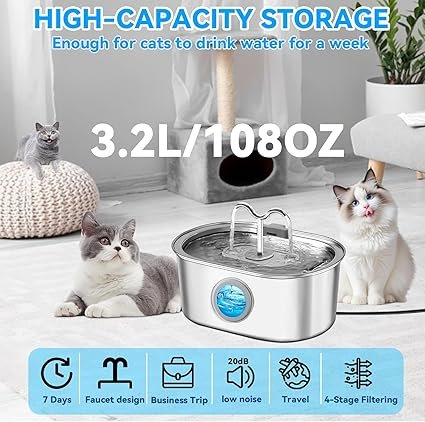 Imagen de tres gatos posando cerca de una fuente de agua para gatos marca PQETBV.