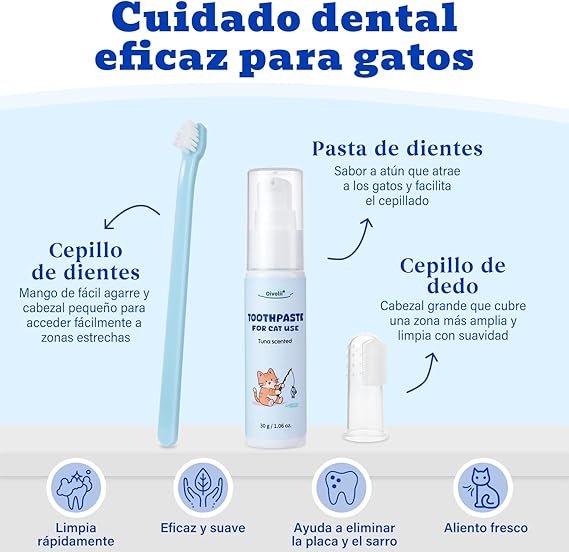 Kit dental para gatos Oivolii que incluye cepillo de dientes, cepillo de dedo y pasta dental sabor atún, diseñado para limpiar rápidamente, eliminar placa y sarro, y mantener el aliento fresco de tu gato.