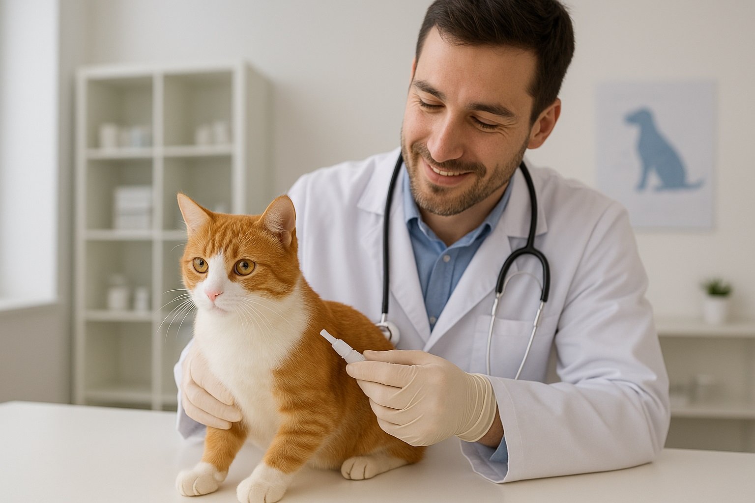 "Veterinario desparasitando a un felino para prevenir enfermedades transmitidas por arañazos y mordidas de gatos"