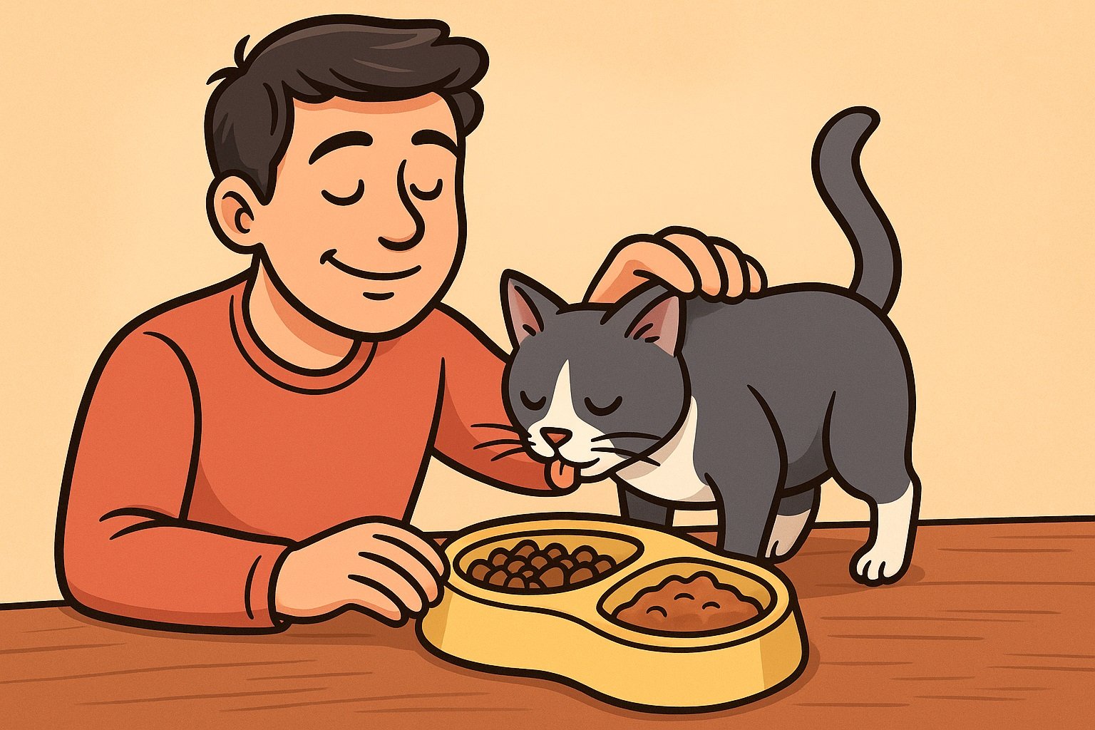 Ilustración caricaturesca de un hombre acariciando a su gato gris y blanco mientras este come de un cuenco con comida seca y húmeda.