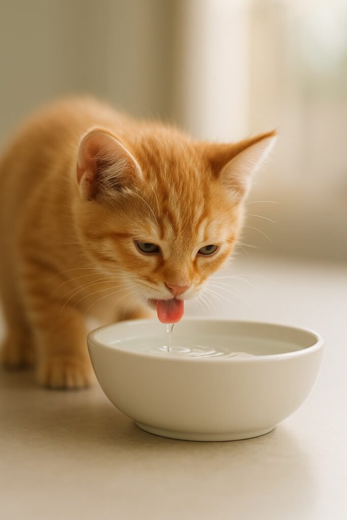Gatito bebiendo agua fresca para mantenerse hidratado, representando cuánta agua debe beber un gato para una buena salud.