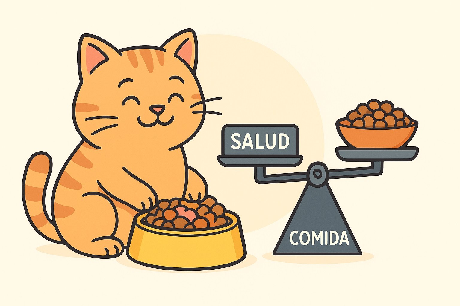 Ilustración de un gato naranja sonriente comiendo de un cuenco mientras una balanza muestra “salud” y “comida” equilibradas.
