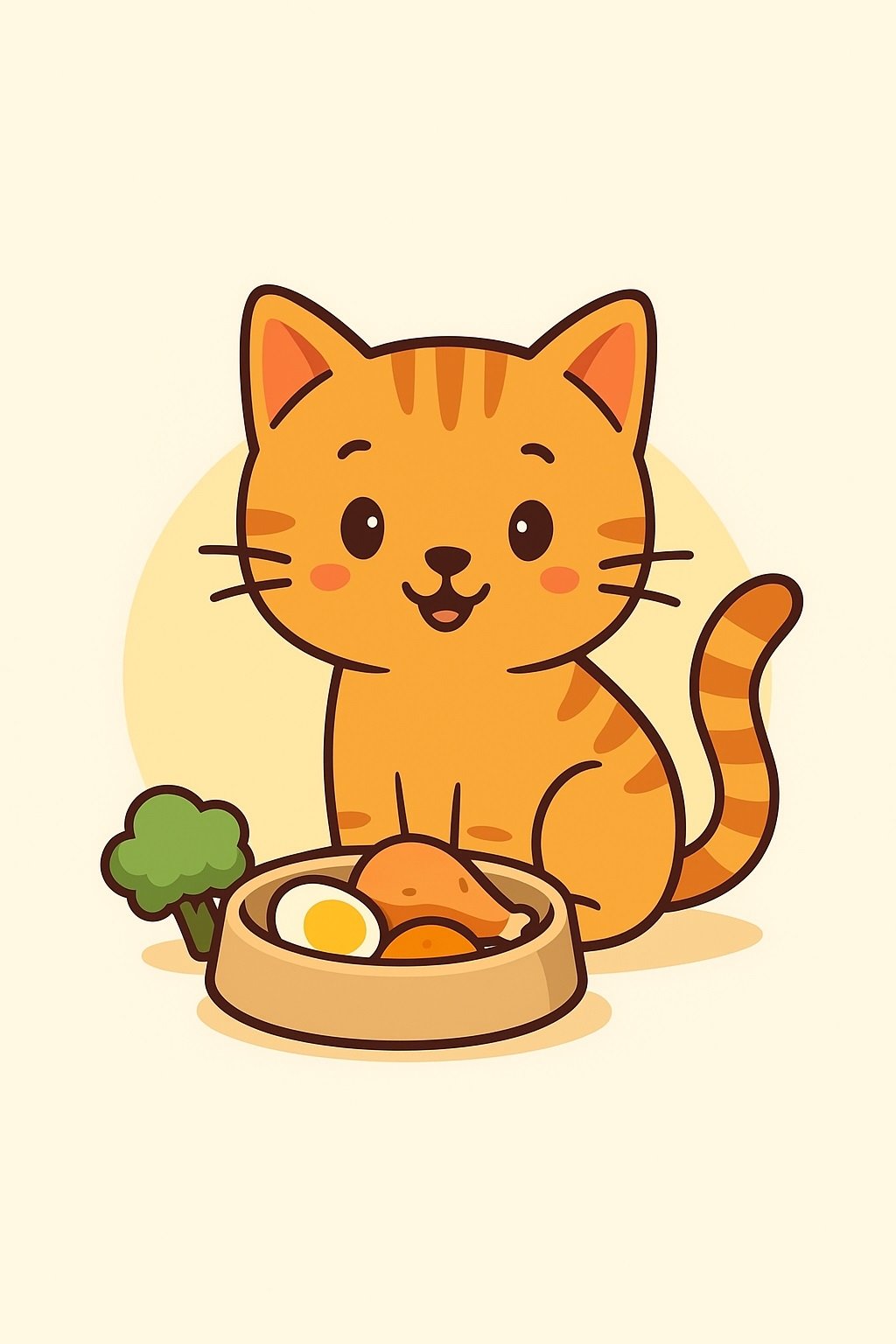 Gatito naranja animado sentado junto a su plato de comida casera para gatos.