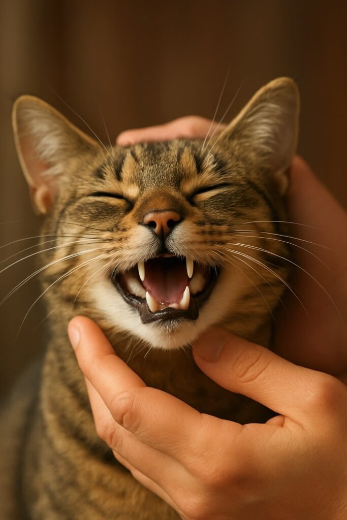 Gato adulto mostrando su boca mientras recibe caricias, ilustrando la técnica correcta sobre cómo cepillar los dientes de un gato y mantenerlos limpios.