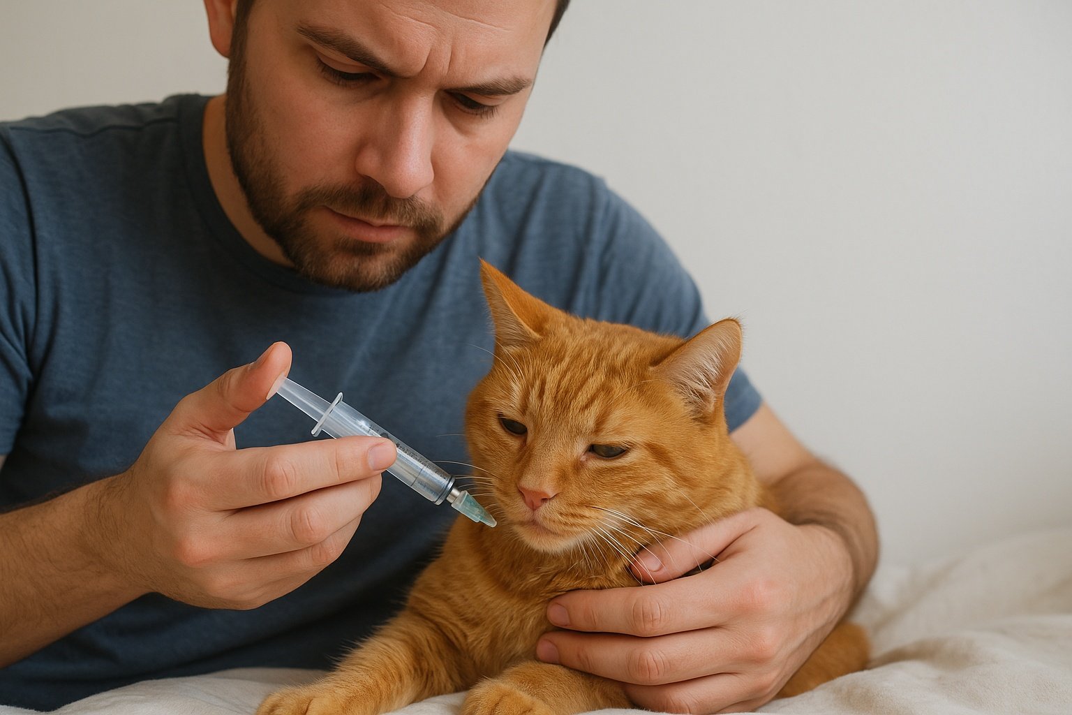 Hombre mostrando cómo hidratar a un gato que no quiere tomar agua usando una jeringa para asegurar su ingesta de líquidos.