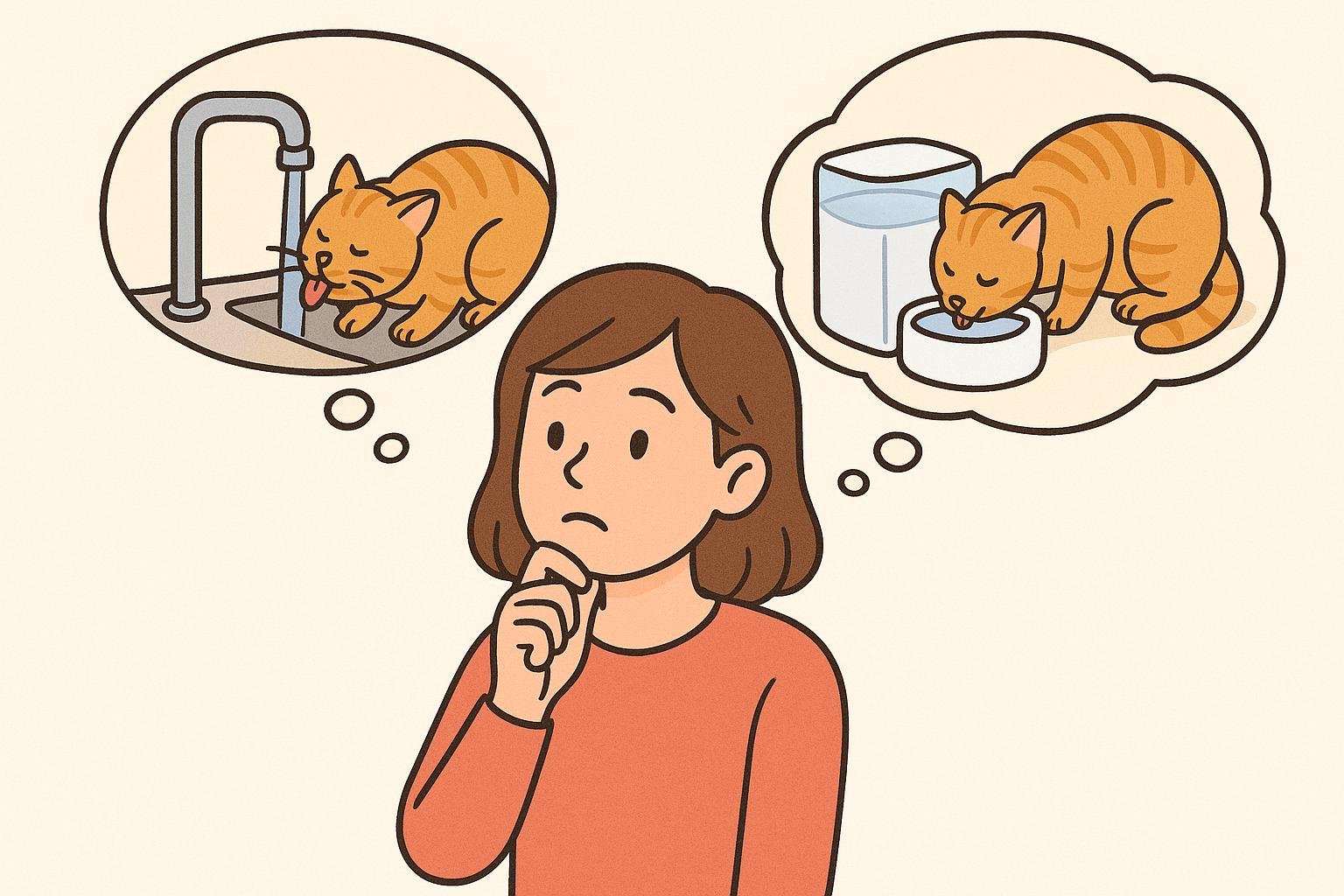 Mujer pensando en la mejor fuente de agua para gatos, comparando entre grifo y recipiente doméstico para su gato.