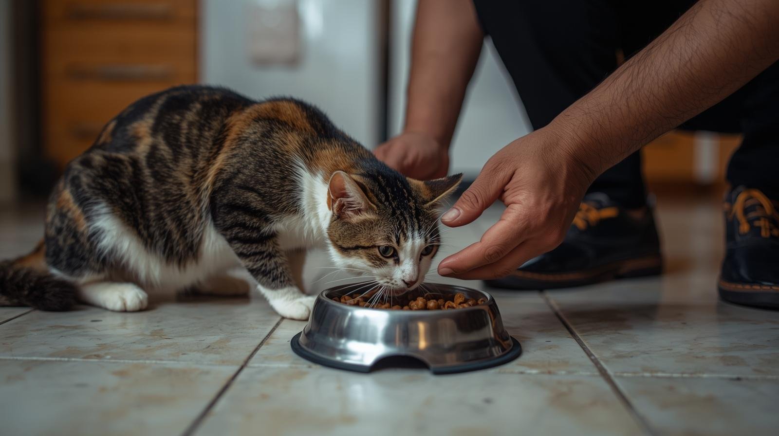 Un dueño alimenta a su gato doméstico con croquetas en un plato de acero inoxidable, mostrando la importancia de la rutina y el cuidado en la alimentación felina.