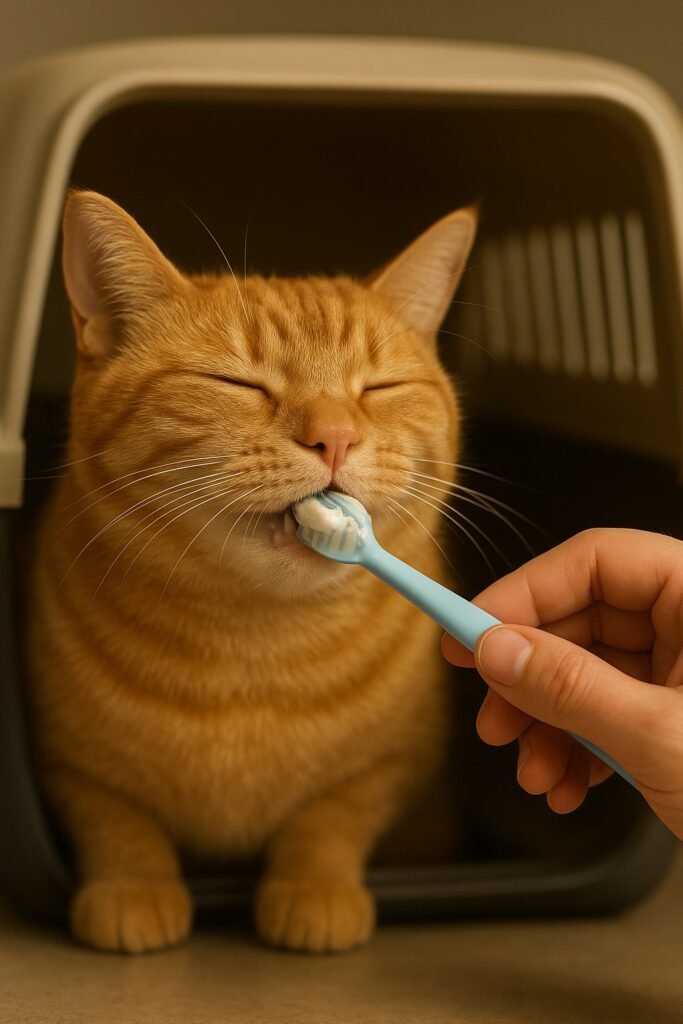 Tutor que intenta cepillar los dientes de un gato naranja que se encuentra tranquilo dentro de su transportín.