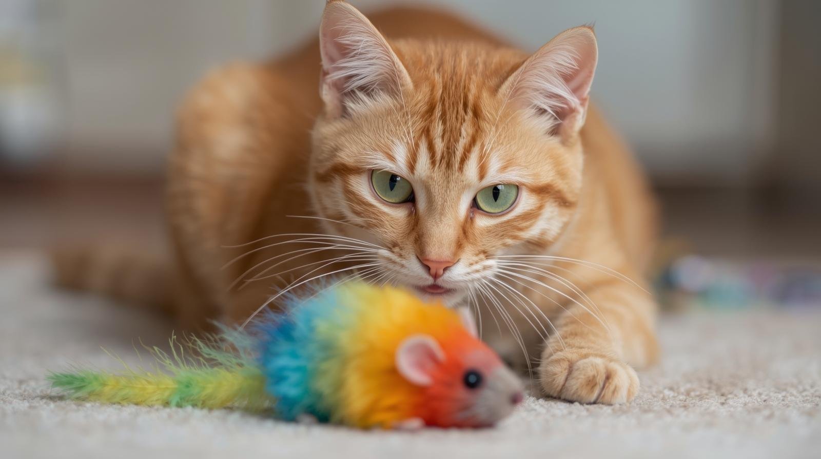 Gato naranja jugando con un ratón de juguete multicolor para estimular su instinto y mantenerse activo.