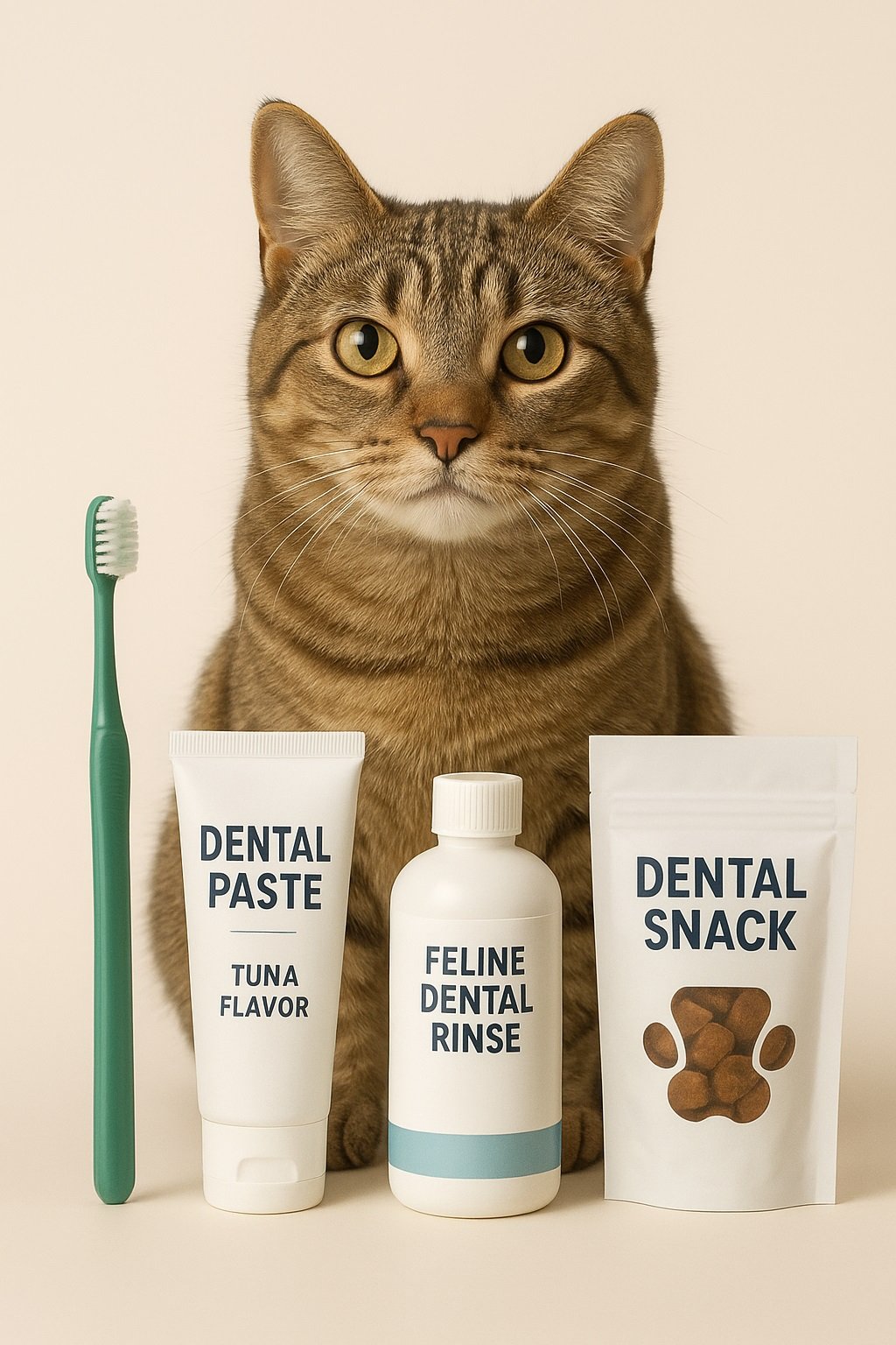 Gato adulto frente a accesorios de limpieza dental para gatos, incluyendo cepillo, pasta dental con sabor a atún, enjuague felino y snack dental.