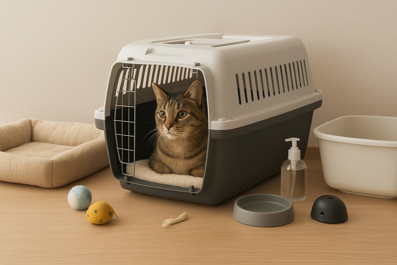 Gato relajado dentro de un transportín moderno y ventilado, acompañado de cama portátil, juguetes interactivos, arenero y difusor de feromonas, mostrando productos para una mudanza con gatos bebés, adultos y senior en un ambiente cálido y luminoso.