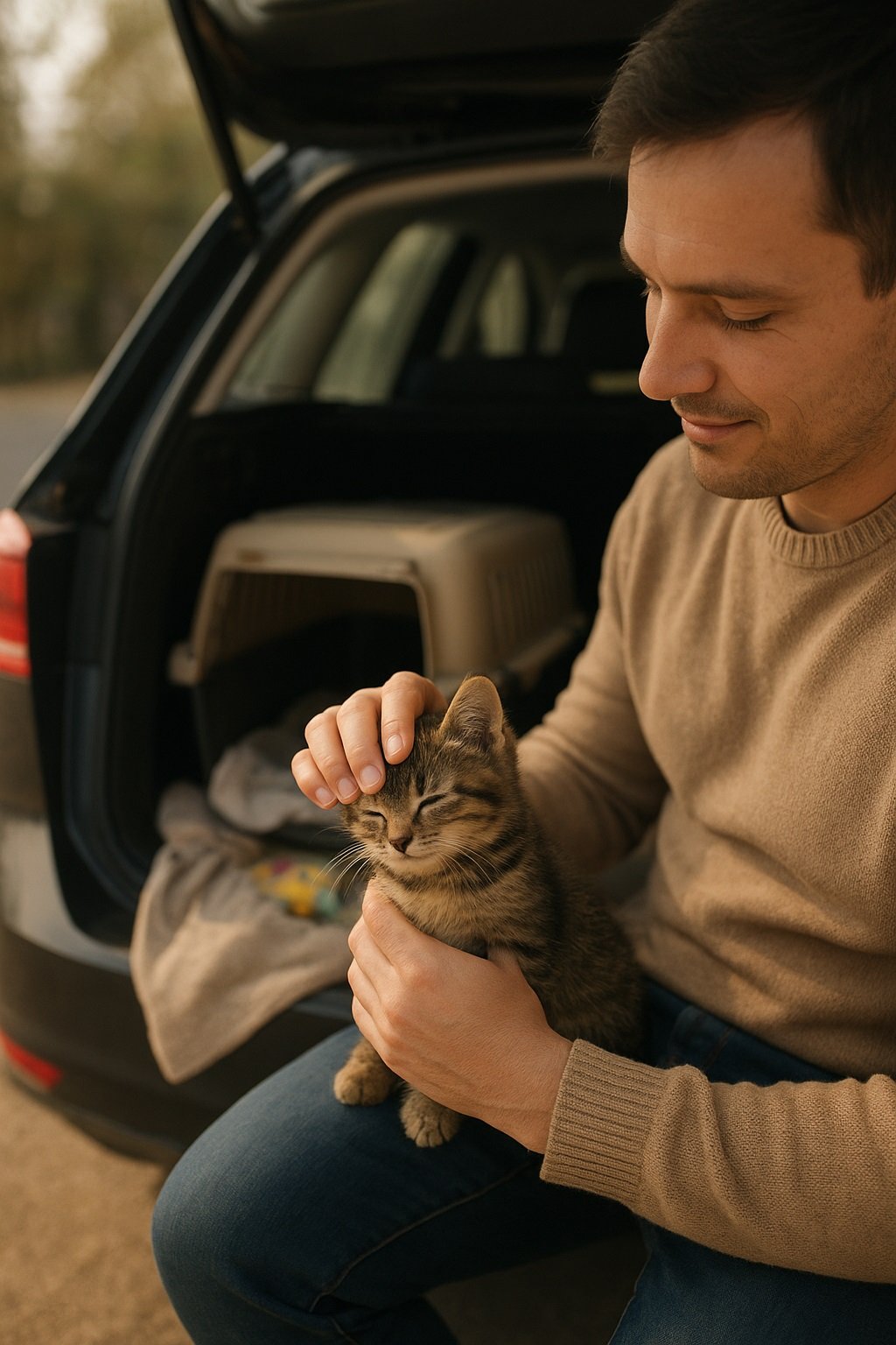 Hombre acariciando a un gatito antes de colocarlo en su transportín durante una mudanza con gatitos, transmitiendo calma y confianza.