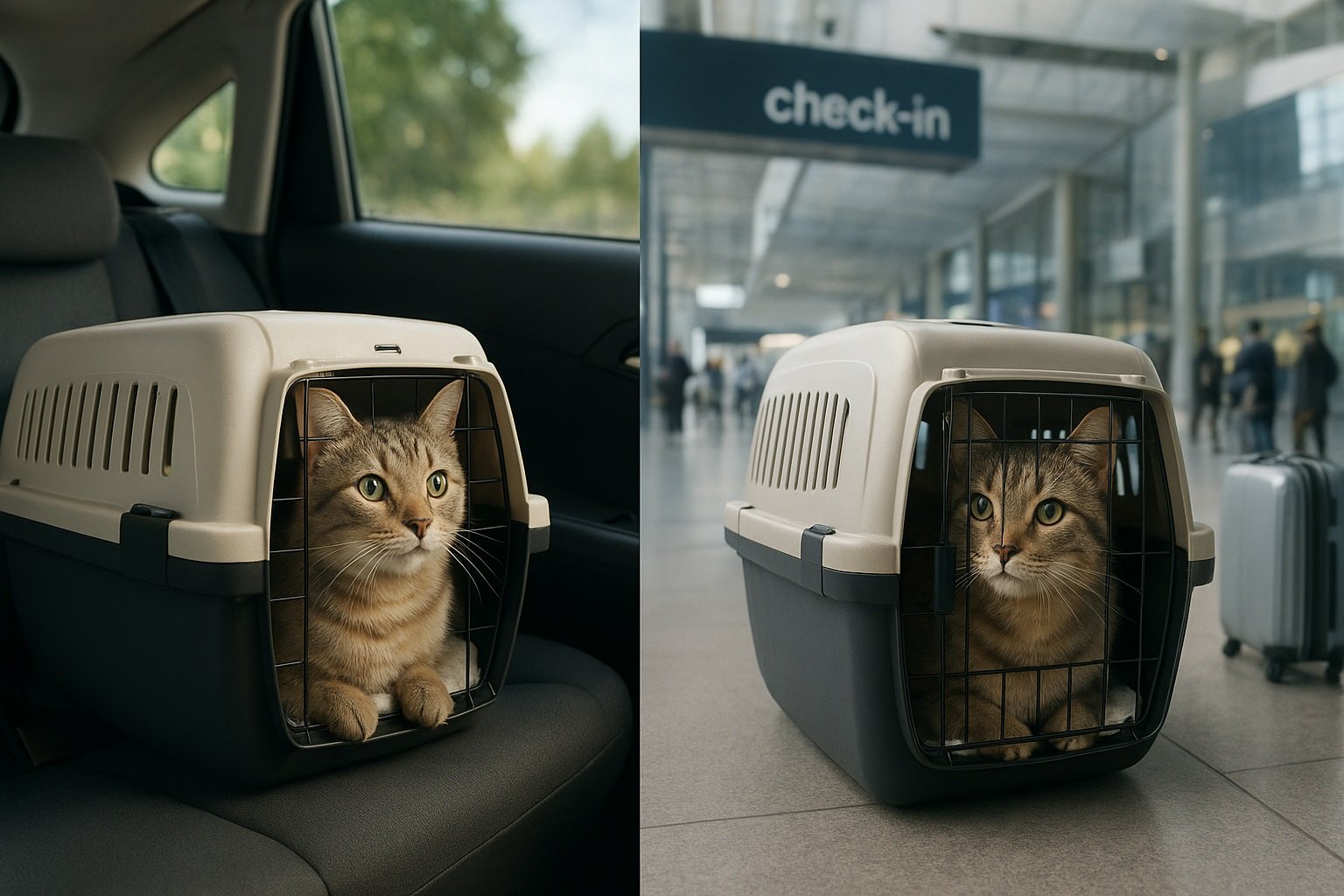 Gato en transportín durante una mudanza con gatos, mostrando las opciones de viaje en auto y en avión para reducir el estrés felino.