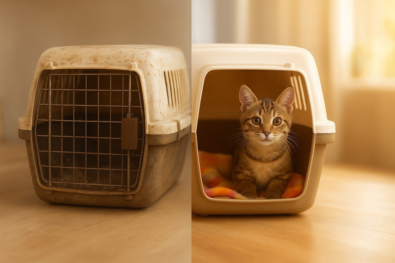 Transportín de gato antes y después de limpiar el transportín de tu gato, mostrando el contraste entre sucio y limpio para viajes seguros.