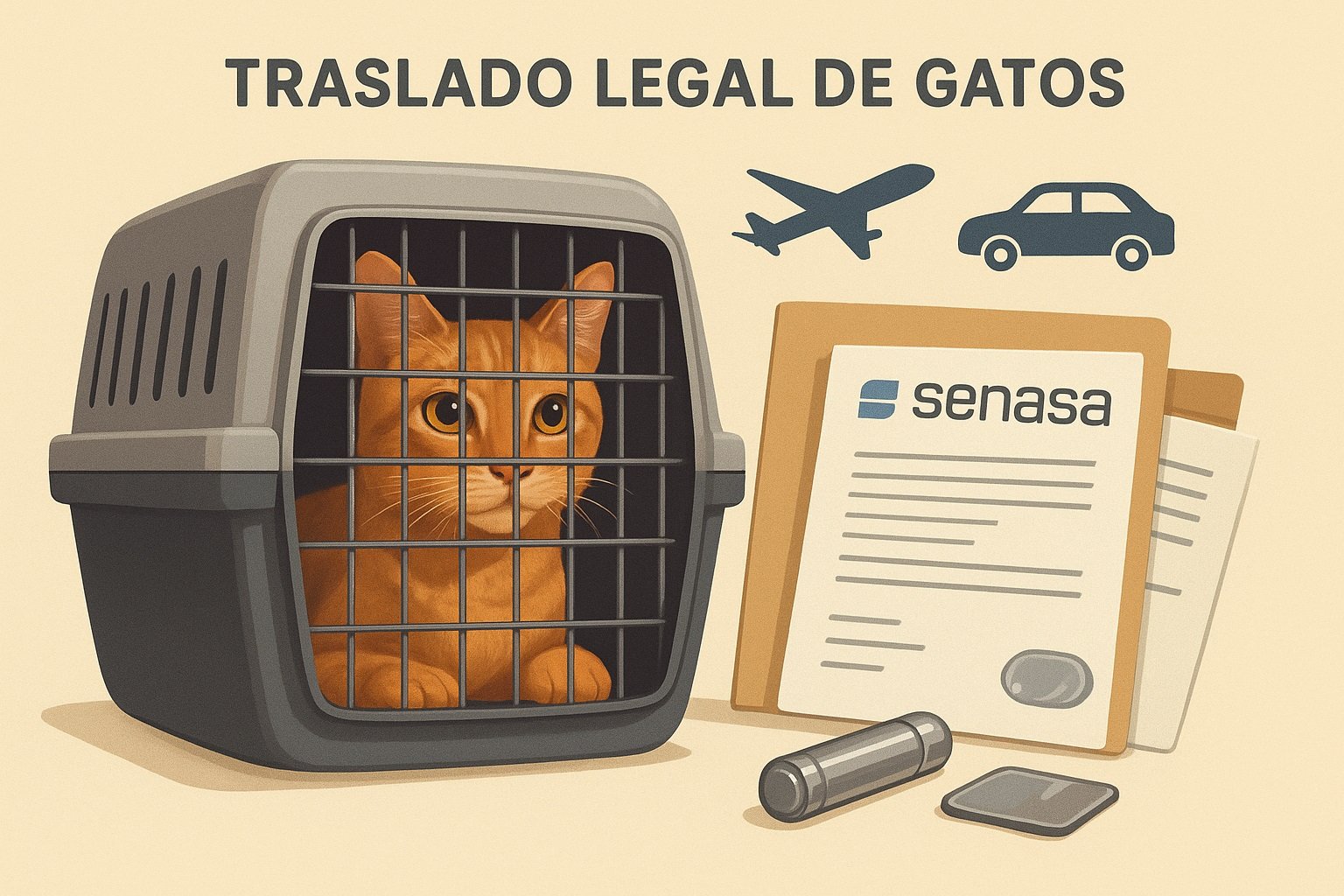 Gato dentro de un transportín junto a documentos del SENASA, representando la documentación para trasladar gatos en Argentina.