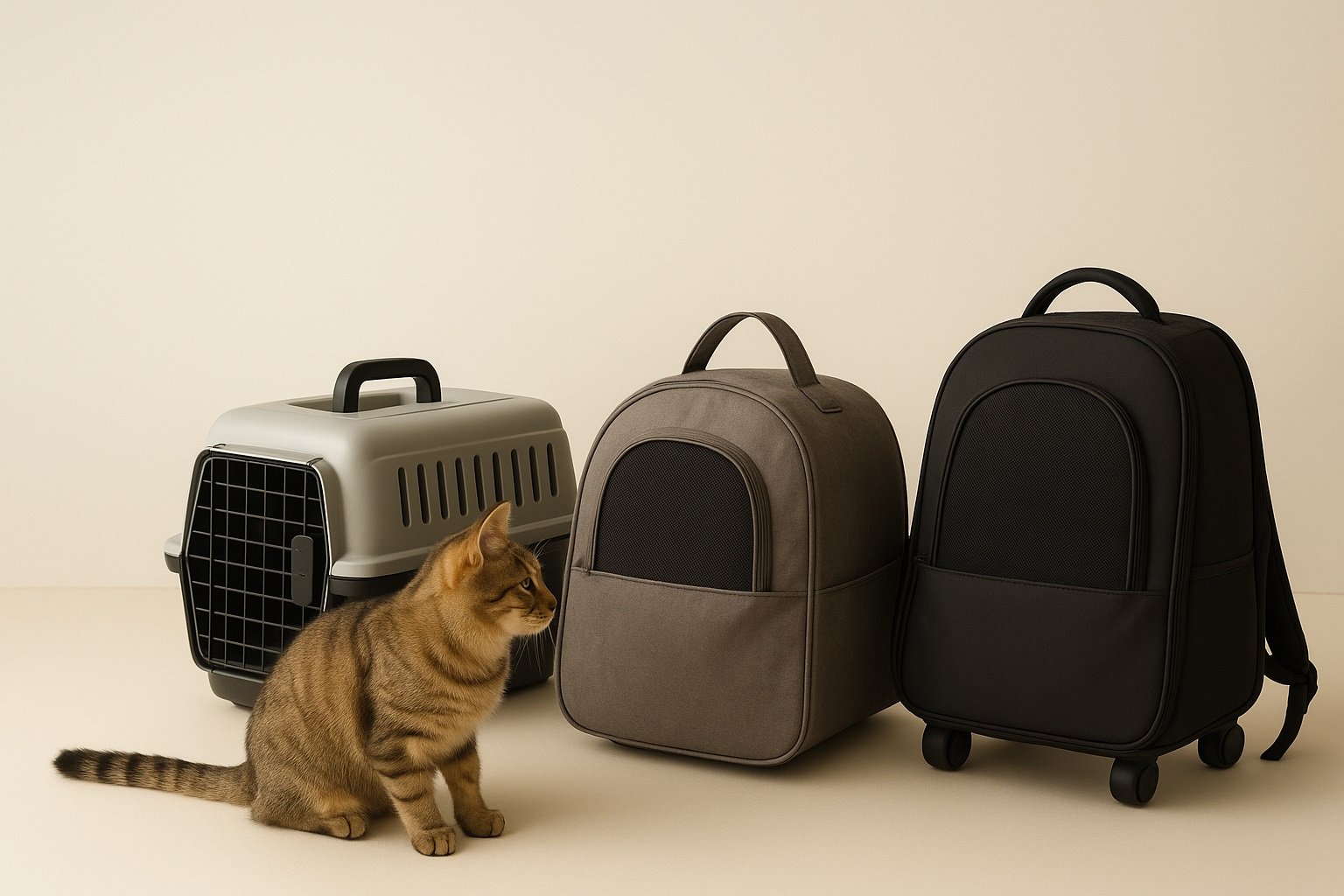 Gato junto a tres tipos de transportin para gatos: uno de plástico, otro de tela y una mochila con ruedas.