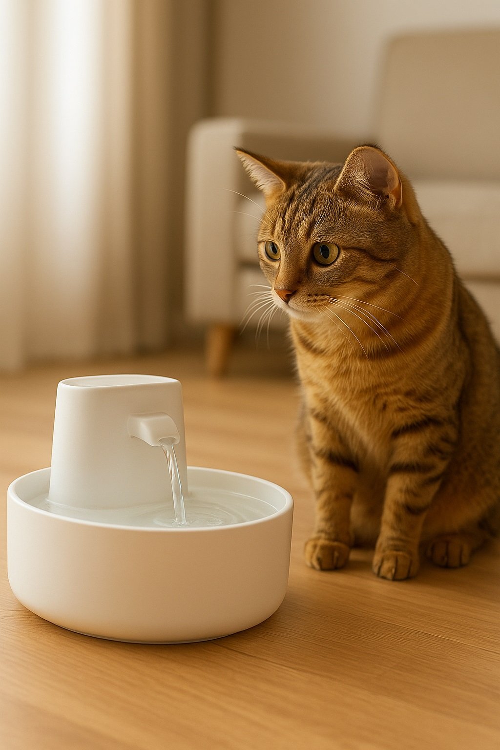 Gato mirando una fuente de agua para gatos blanca en el suelo de una sala.