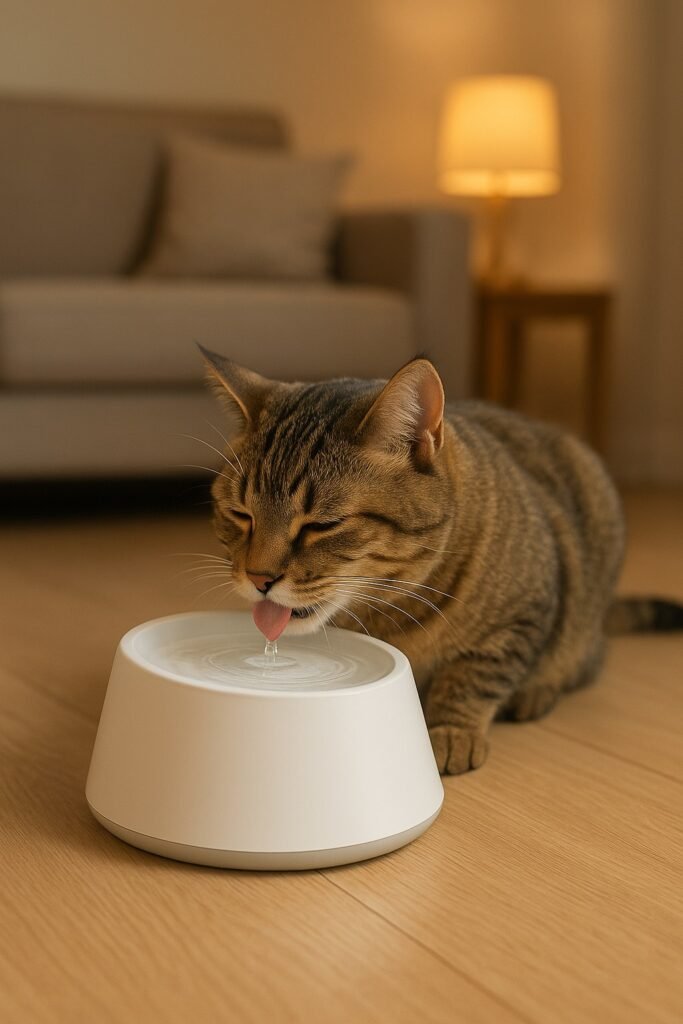 Gato relajado bebiendo de una fuente moderna, reflejando bienestar tras elegir una buena fuente de agua para gatos.