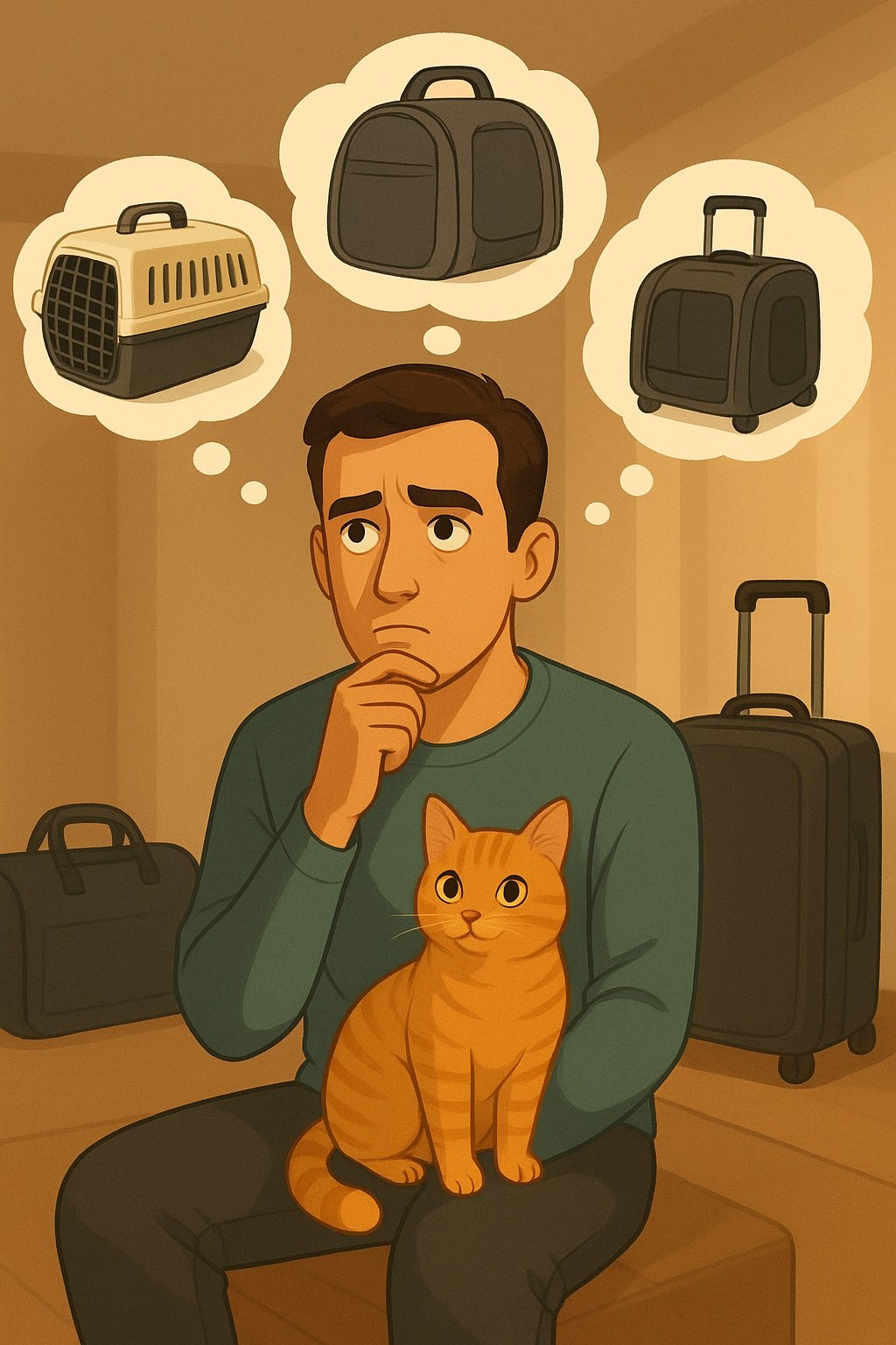 Hombre pensando en diferentes transportines para mudanza con gatos mientras acaricia a su gato naranja, mostrando opciones rígido, mochila y con ruedas para viajes seguros.