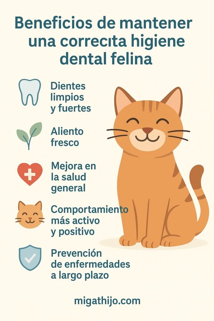 Infografía sobre los beneficios de la salud bucal en los gatos: imagen de una gato domestico naranja que aparenta bienestar y tranquilidad.