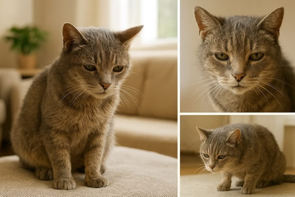 Collage de un gato doméstico mostrando signos de deshidratación en gatos, con pelaje opaco, ojos menos brillantes y postura cansada, buscando lugares frescos en un ambiente hogareño con luz suave y colores cálidos.
