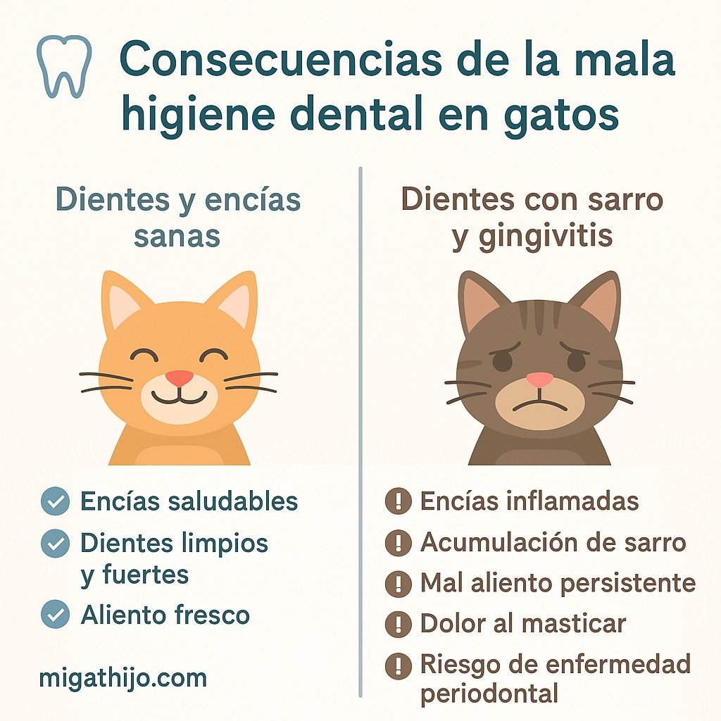 Infografía educativa que muestra las consecuencias de una mala salud bucal en los gatos, comparando dientes y encías sanas con dientes con sarro y gingivitis. Incluye síntomas como encías inflamadas, mal aliento y dolor al masticar, resaltando la importancia del cuidado dental felino. Fuente: migathijo.com.